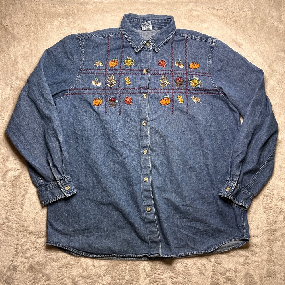 Vtg Cascade Blues Shirt Womens XL Blue Denim Long Sleeve Fall Autumn Embroidered